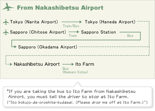 [From Nakashibetsu Airport]

Tokyo (Narita Airport) → Sapporo (Chitose Airport) → Nakashibetsu Airport → Bus (Nemuro Kotsu) → Ito Farm

Tokyo (Narita Airport) → Tokyo (Haneda Airport) → Nakashibetsu Airport → Bus (Nemuro Kotsu) → Ito Farm

Central Japan International Airport → Sapporo (Chitose Airport) → Nakashibetsu Airport → Bus (Nemuro Kotsu) → Ito Farm *If you are taking the bus to Ito Farm, you must tell the driver to stop at Ito Farm (Ito bokujo-de-oroshite-kudasai. -Please drop me off at Ito Farm)